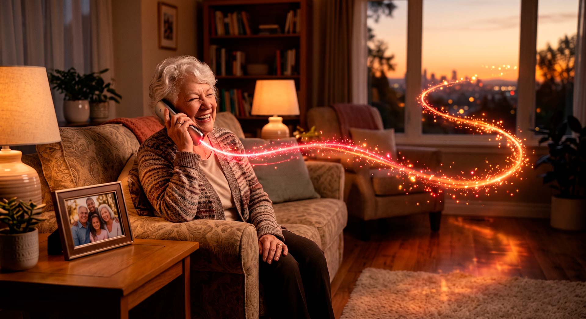 Idosa sorridente conversando ao telefone fixo em casa, com feixes de luz laranja e vermelha saindo do aparelho
