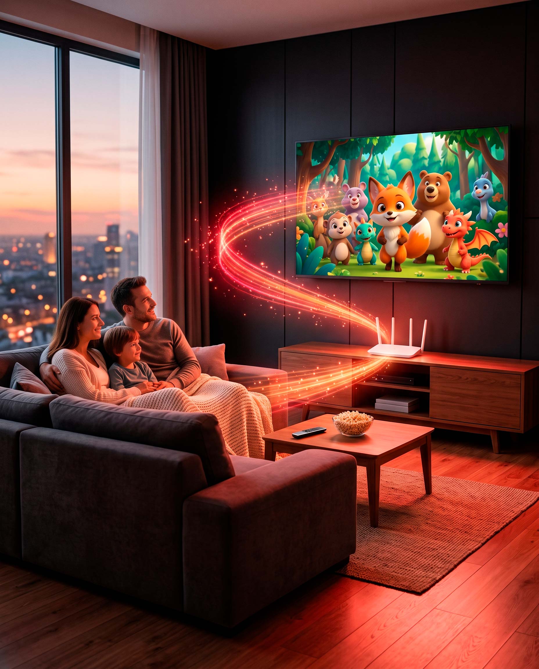 Casal assistindo TV por assinatura em casa, com feixes de luz representando a fibra óptica e Wi-Fi 6 Novell conectando o roteador à TV